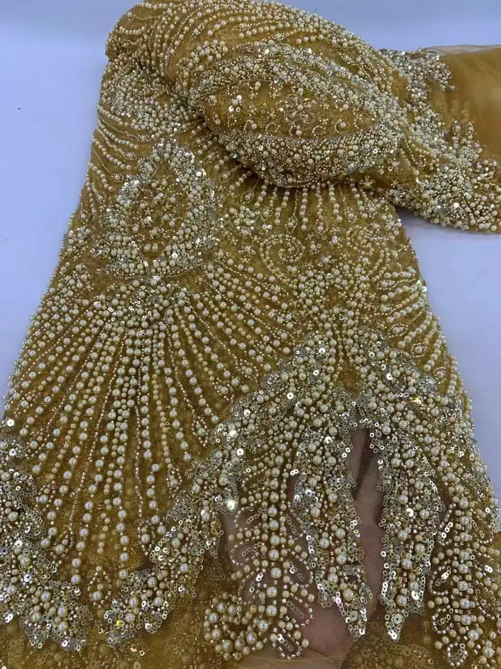 1 yards African Handmade Beaded Lace Fabric 2026 France Sequins Nigerian Embroidery Bridal Mesh for Sewing