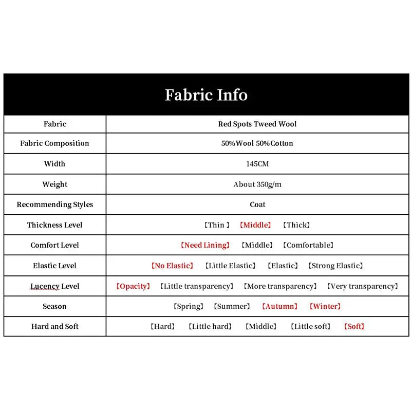 Redrasperry Red Spots Tweed Wool Fabrics Garment Materials Autumn Women Coat Jacket DIY Sewing Clothes Tailor Freeshipping