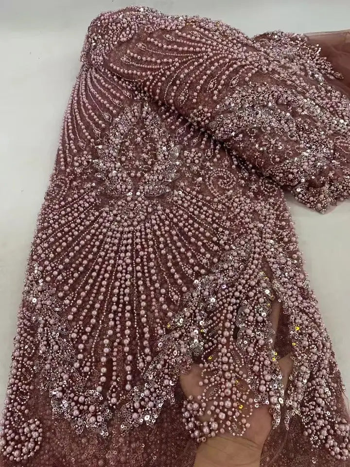 1 yards African Handmade Beaded Lace Fabric 2026 France Sequins Nigerian Embroidery Bridal Mesh for Sewing