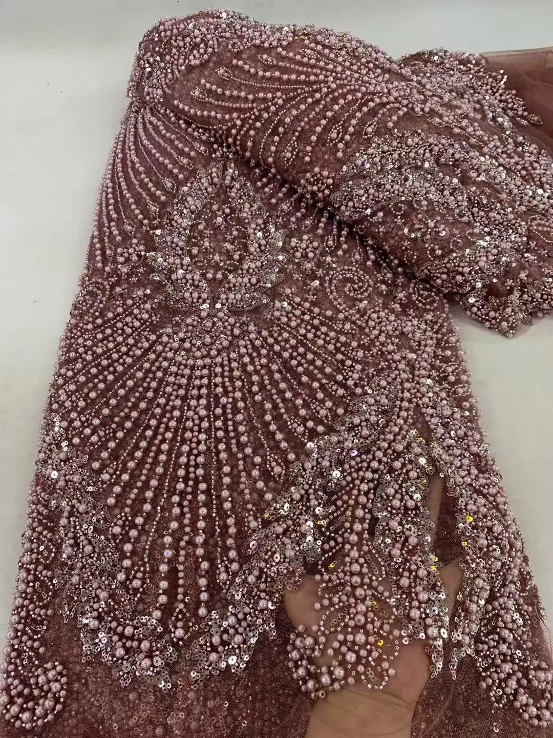 1 yards African Handmade Beaded Lace Fabric 2026 France Sequins Nigerian Embroidery Bridal Mesh for Sewing