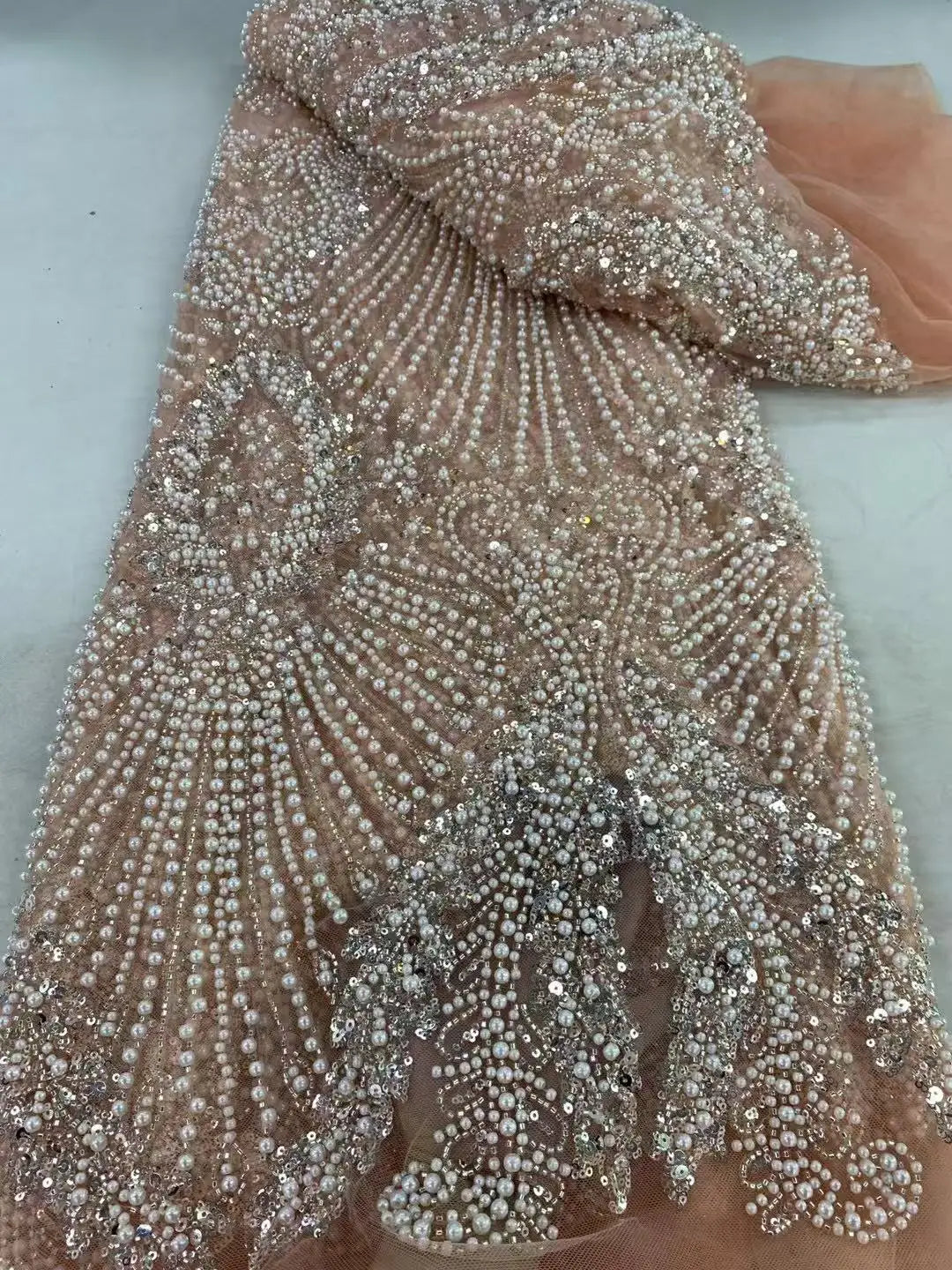 1 yards African Handmade Beaded Lace Fabric 2026 France Sequins Nigerian Embroidery Bridal Mesh for Sewing