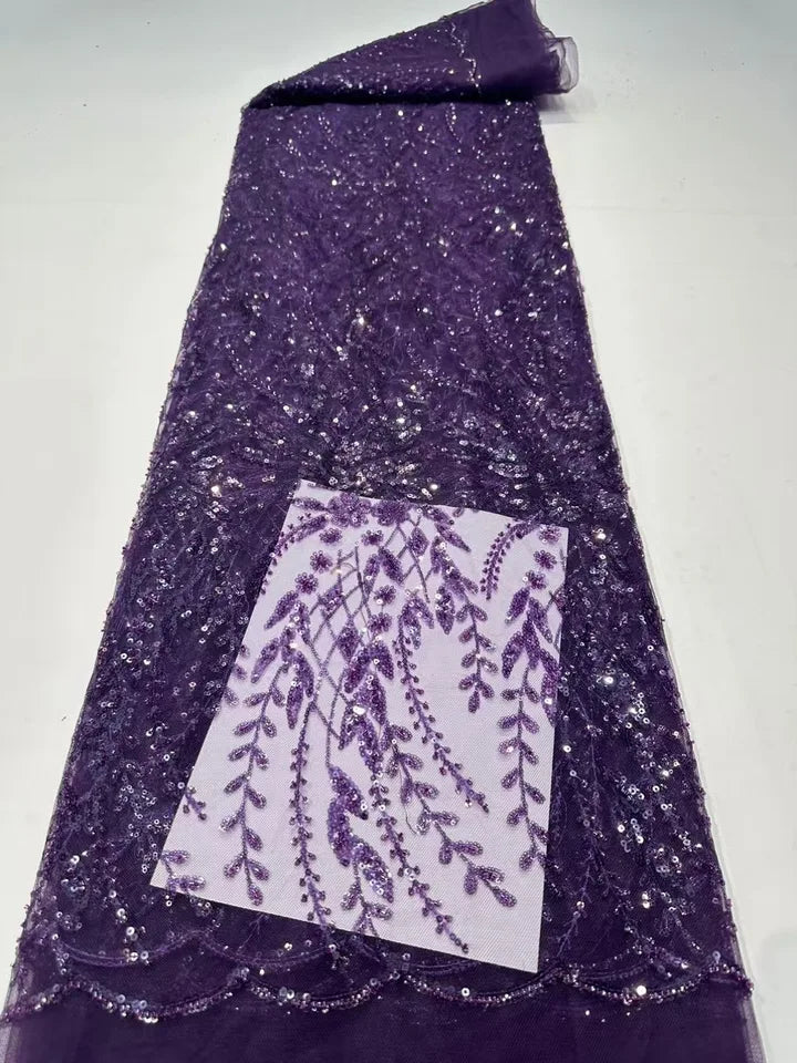 French Lace Fabrics 2026 High Quality African Beaded Embroidered Nigerian Sequins Tulle Lace 5 Yards For Sewing Party Dresses