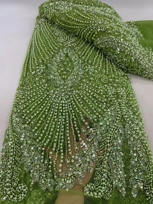1 yards African Handmade Beaded Lace Fabric 2026 France Sequins Nigerian Embroidery Bridal Mesh for Sewing