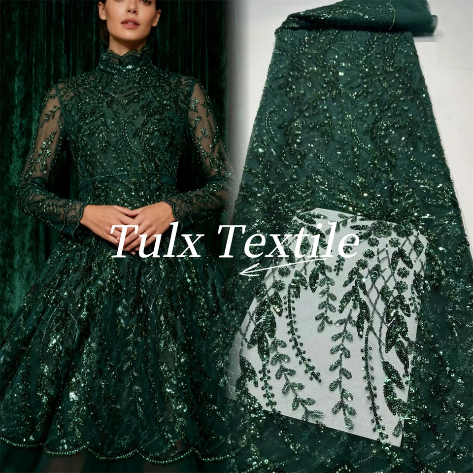 French Lace Fabrics 2026 High Quality African Beaded Embroidered Nigerian Sequins Tulle Lace 5 Yards For Sewing Party Dresses
