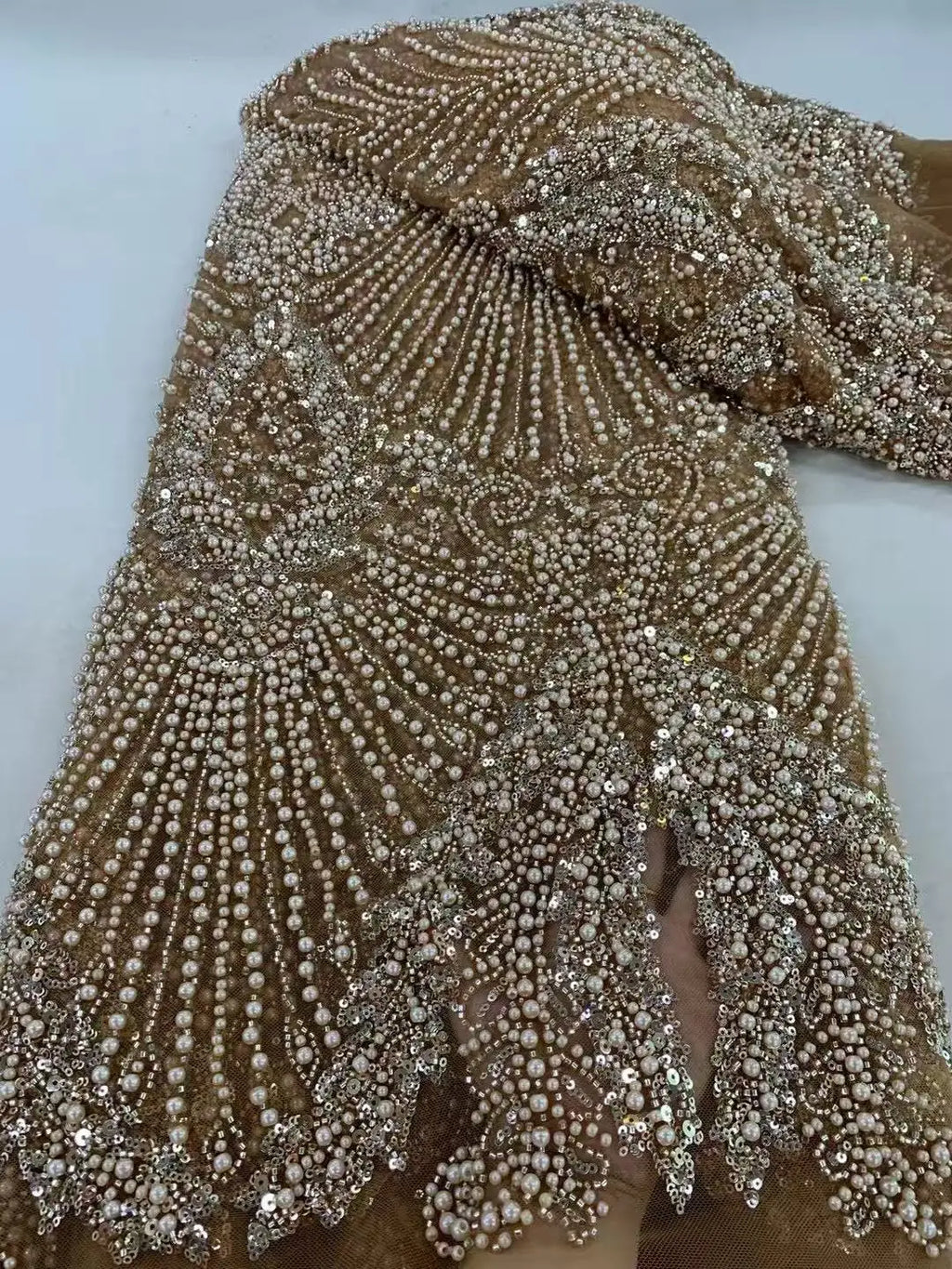 1 yards African Handmade Beaded Lace Fabric 2026 France Sequins Nigerian Embroidery Bridal Mesh for Sewing