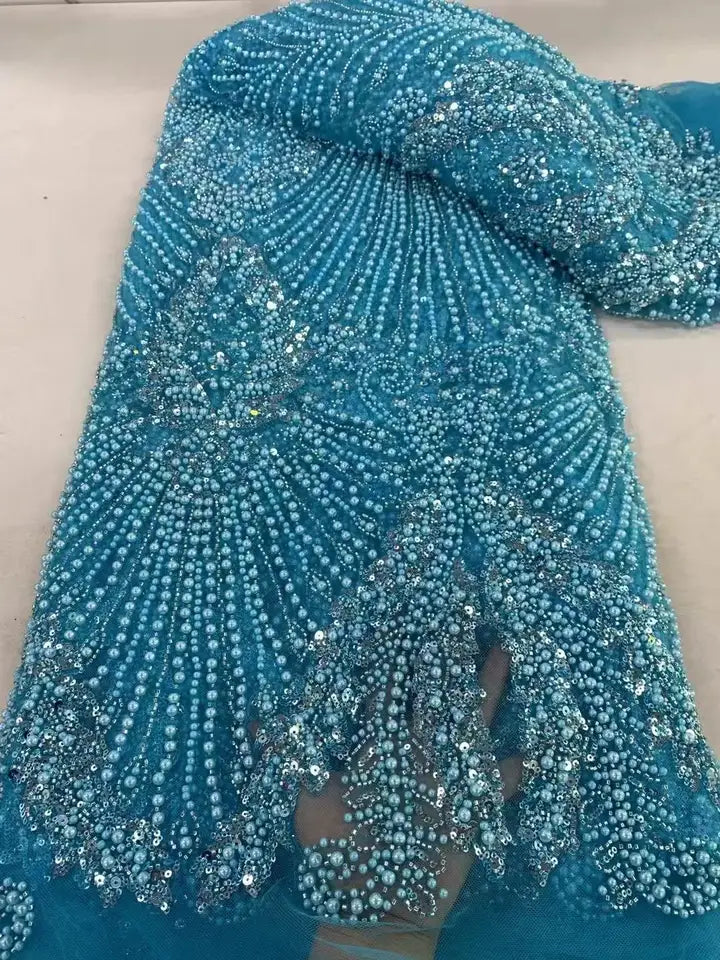 1 yards African Handmade Beaded Lace Fabric 2026 France Sequins Nigerian Embroidery Bridal Mesh for Sewing