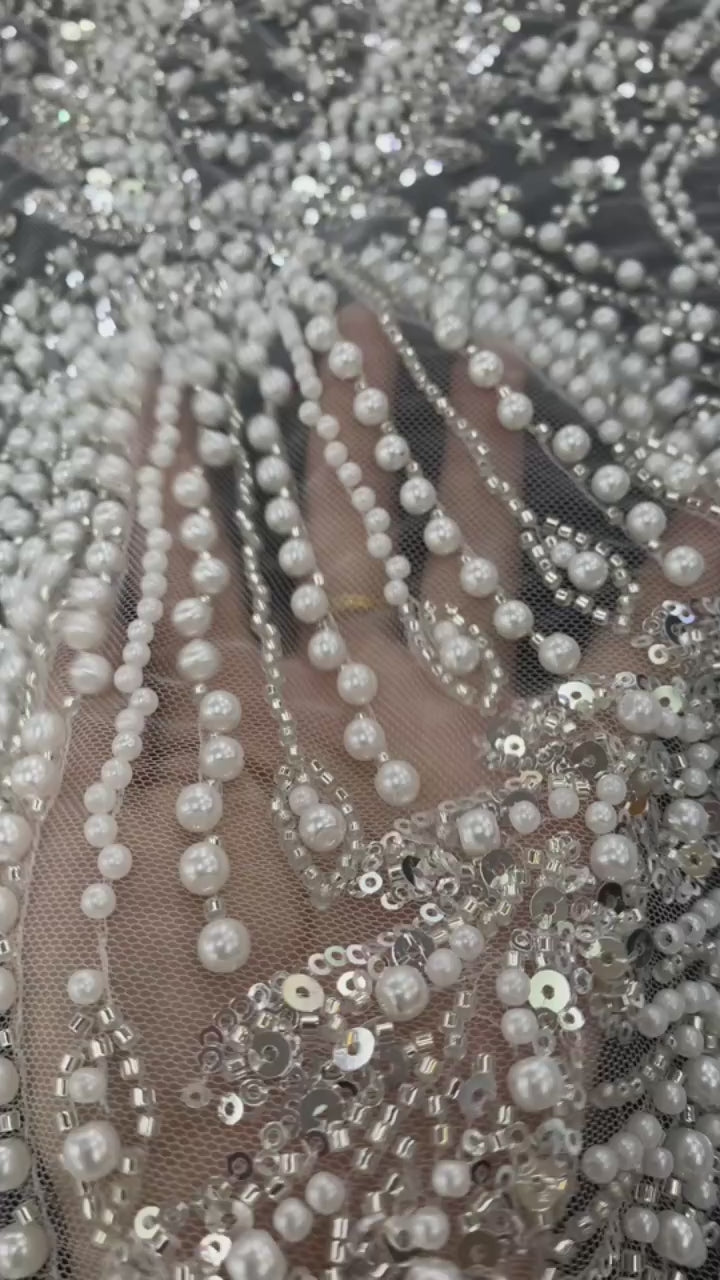 1 yards African Handmade Beaded Lace Fabric 2026 France Sequins Nigerian Embroidery Bridal Mesh for Sewing